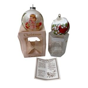 Christmas Traditions Satin Ball Ornaments Vintage Angel Cardinal Bird Set of 2